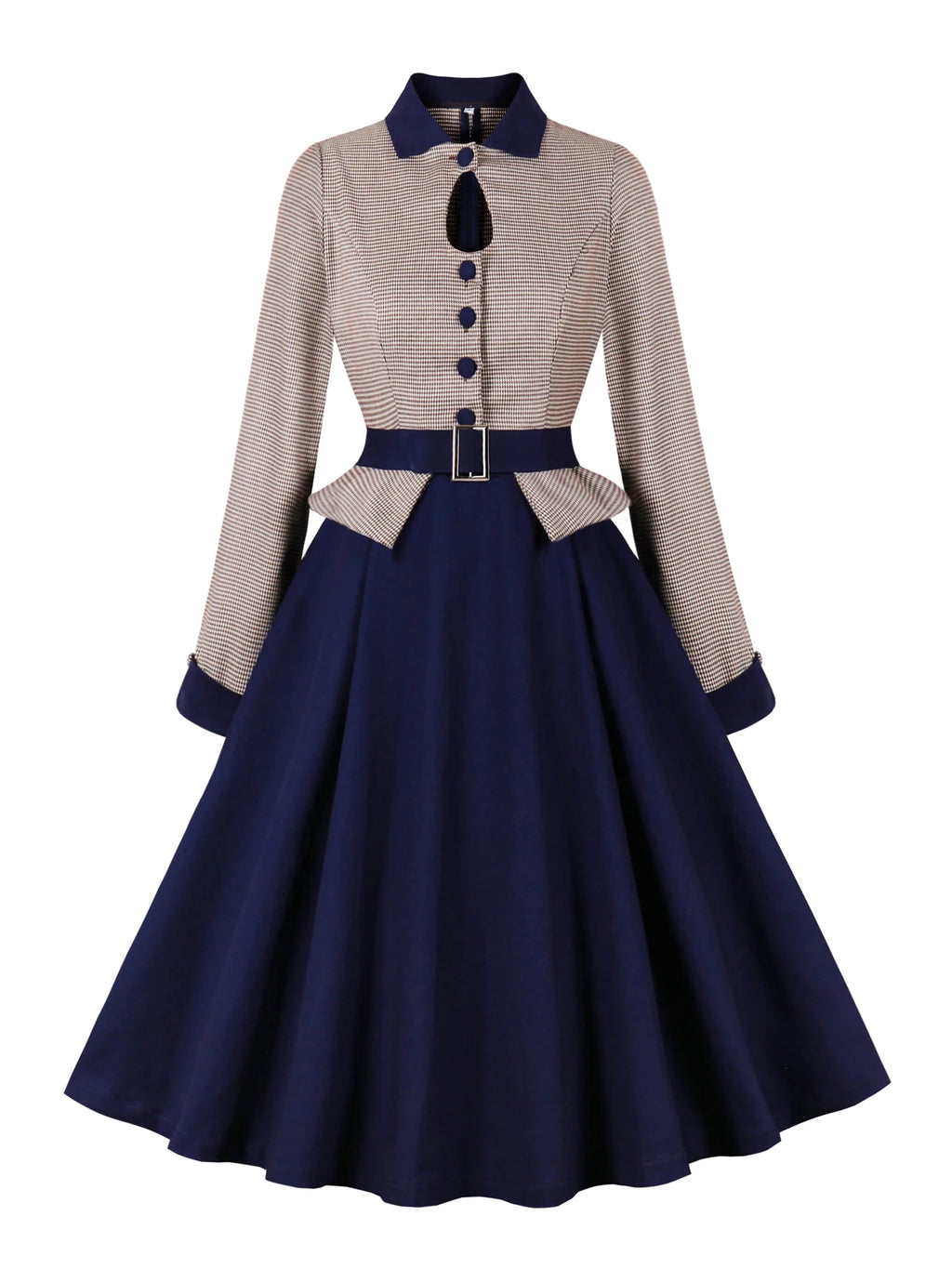 Tonval Hollow Out Buttons Long Sleeve Peplum Cotton Dresses for Women Elegant Luxury Houndstooth Vintage Party Midi Winter Dress