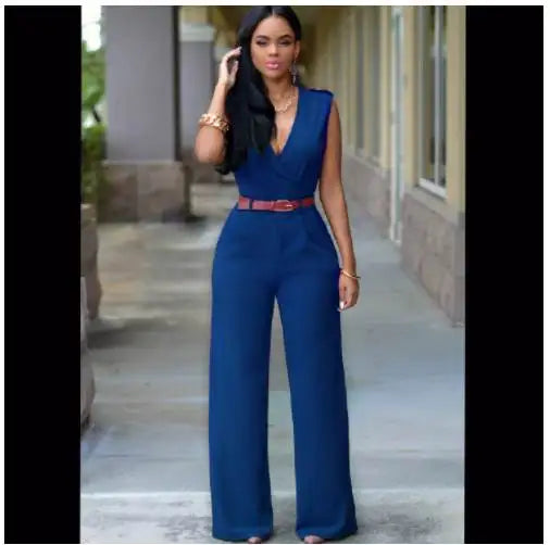 Summer Women's Jumpsuit Wide Leg Pants V-Neck One-Piece Suit with Belt Casual Fashionable Ladies' All-In-One Clothing