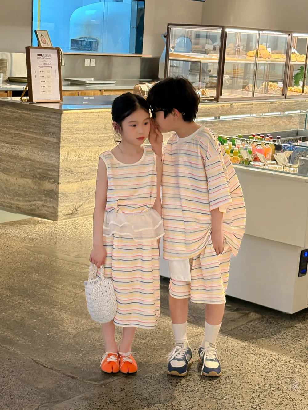 2025 Summer New Children Short Sleeve Clothes Set Boys Striped 2pcs Suit Kids Girls Colorful Vest Dress Brother Sisters Outfits