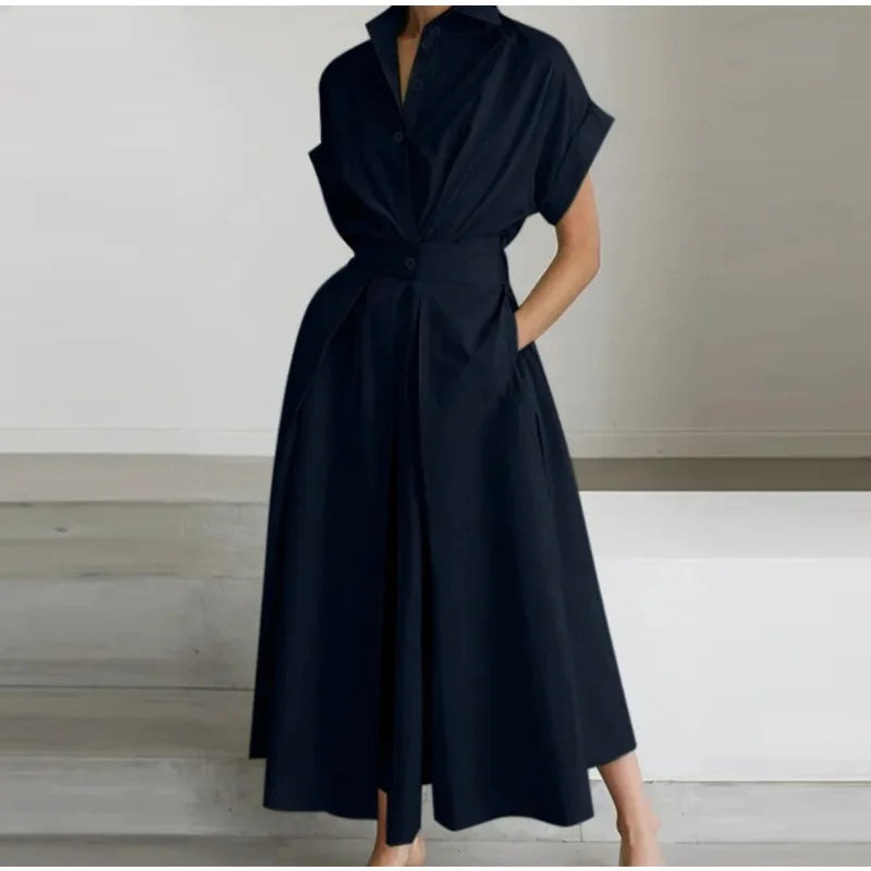 2026 New Fashion Solid Long Dress Short Sleeve Loose Elegant Summer Dress Buttons A-line Party Women's Slim Waist Dress