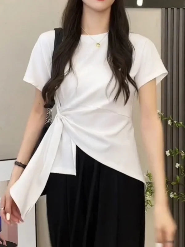 plus Size Women's Cotton T-Shirt Side Tie Waist Short Sleeve Asymmetrical Slit Summer Slimming Top Korean Style Casual Wear