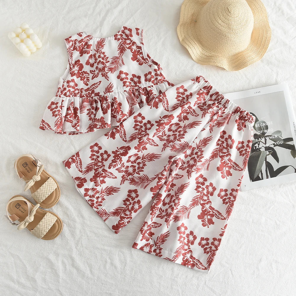 Bear Leader Korean Childrens Clothing 2025 Summer Girls Suit Girls Vest Pants Two-piece Children's Seaside Holiday Suit Exotic