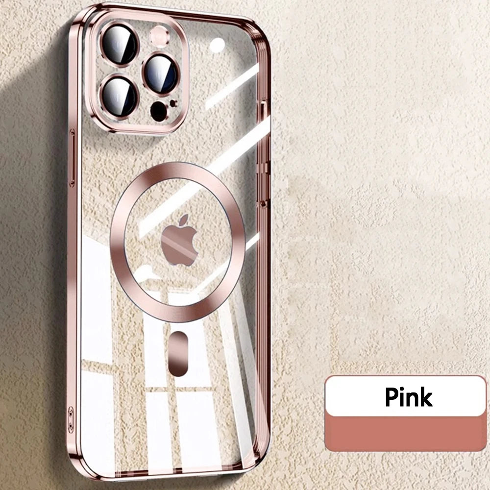 Original Clear Plating Cover For Apple Magnet Magsafe Case Iphone 15 14 Plus 13 12 11 Pro Max X Xs Xr 5K 10H Glas Camera Protect
