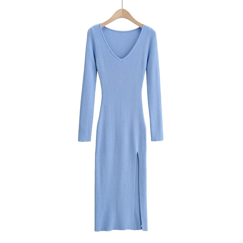 2026 New Basic Fashion Women Elastic Solid Elegant V Neck Sweater Dress Long Sleeve Ladies Side Open Midi Long Dress