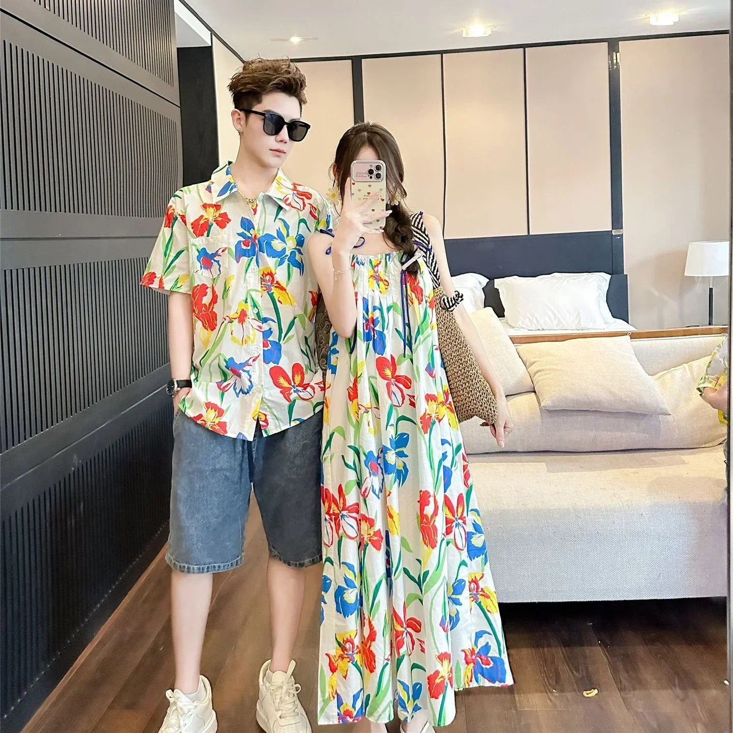 VacationClothes Korean Mommy and Daughter Resort Girl Dress Dad Son Boy Holiday Floral Shirts Couple Look Family Matching Beach