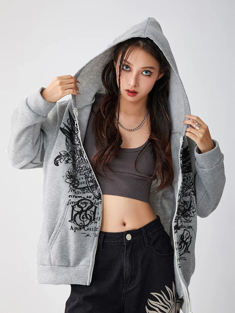 Halloween Women Oversized Full Zip Hoodies Fashion Vintage Wings Print Long Sleeve Oversized Sweatshirts Jackets with Pockets