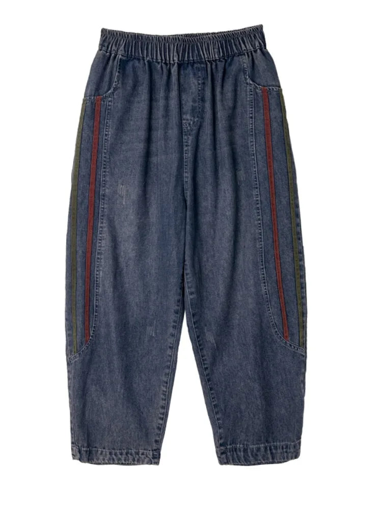 Retro Full Cotton Washed Denim Pants Women's Spring Summer Elastic Waist Patchwork Dad Harlan Blue Straight Leg Trousers