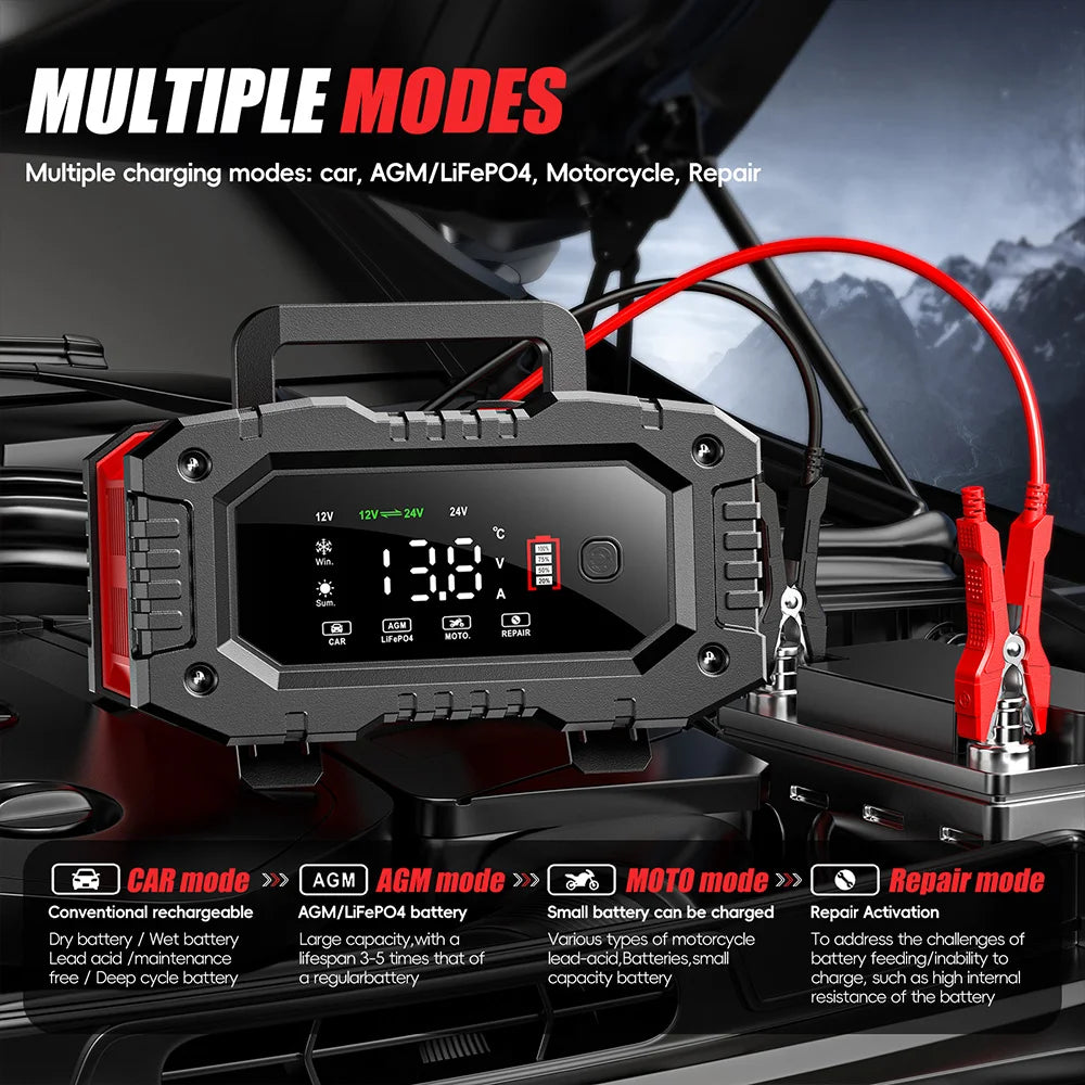 12V 24V FOXSUR FPT200 FPT100 Car Battery Charger for Moto for Truck Battery Repair for Lead-Acid AGM LiFePo4 EFB GEL WET