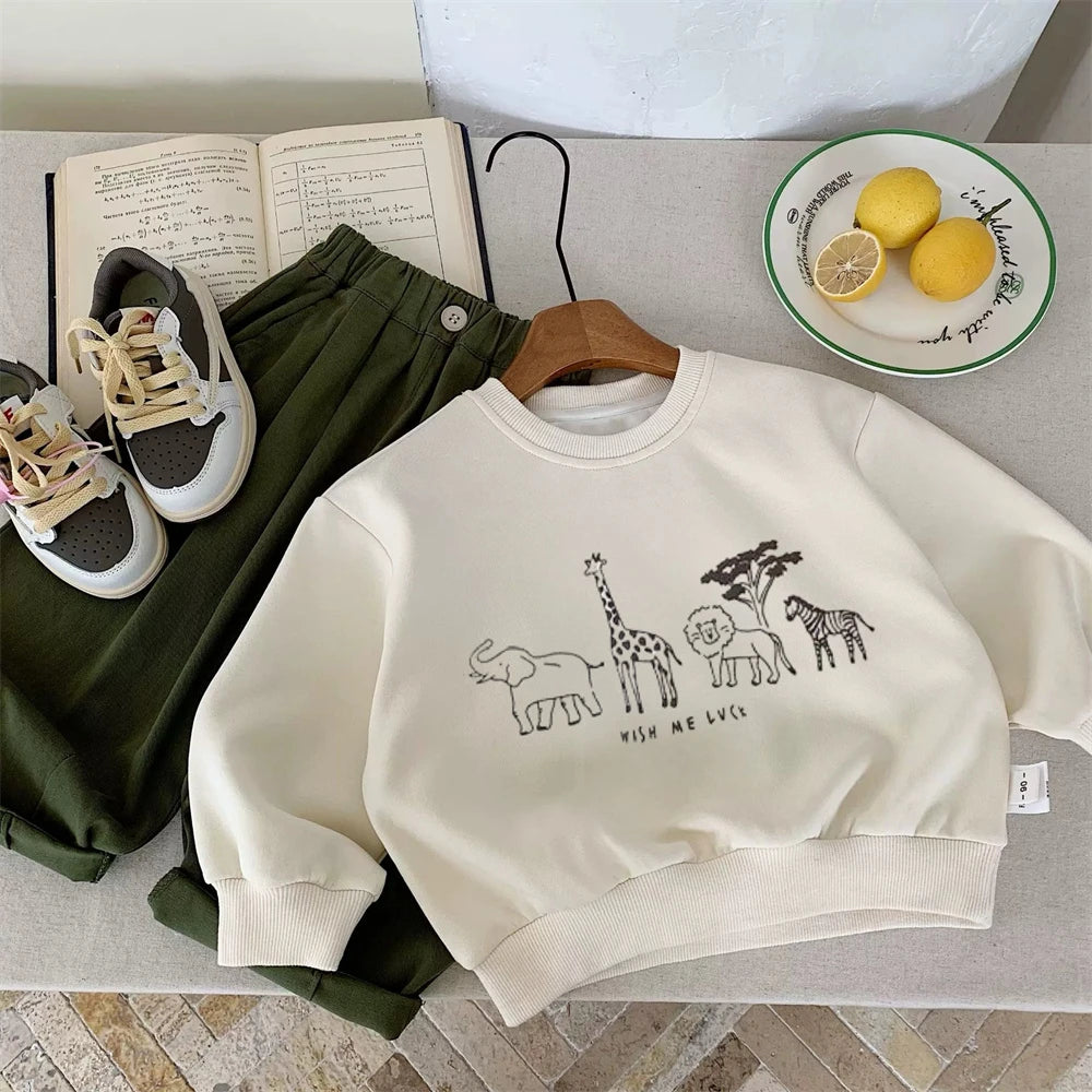 Beige Sweatshirts Spring/Autumn Wear For Kids Cartoon Animals Print Long Sleeve Simple Casual Round Neck Tops Children Clothes