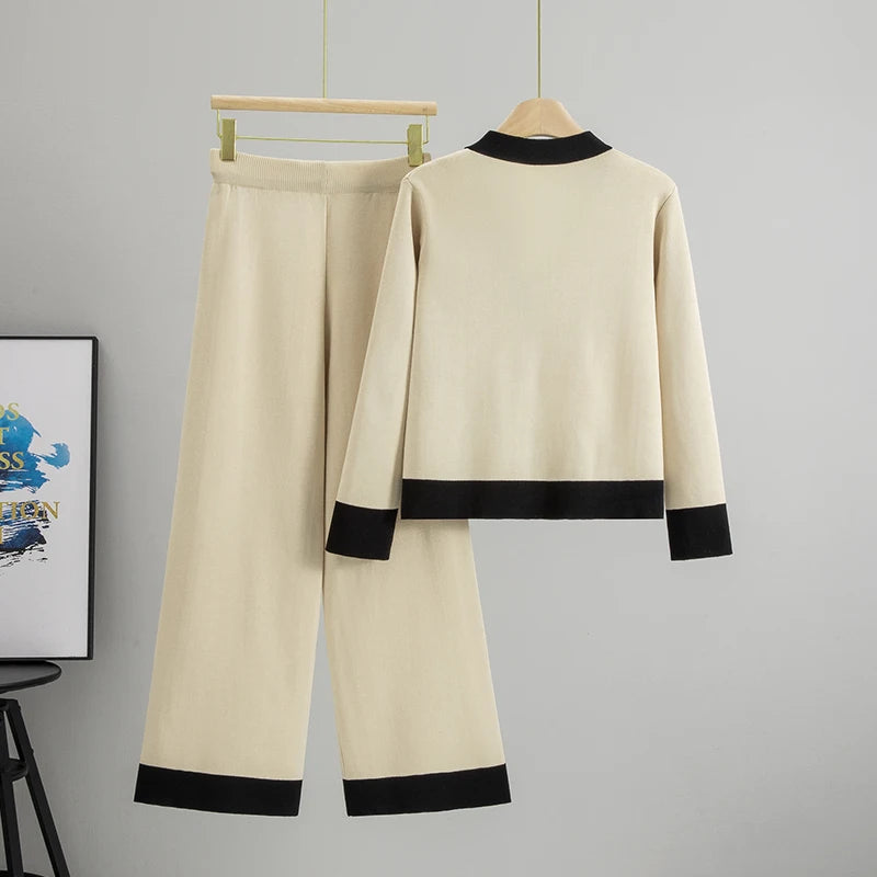 Fashion Contrast Color Casual Women's Pants 2 Piece Set Autumn And Winter New Slim Fit V Neck Cardigan  Pants Female Office Suit