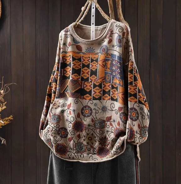 Johnature Vintage Loose Personality O-Neck Sweater 2025 Woman Winter New Long Sleeves Chinese Style Vintage Style Sweater