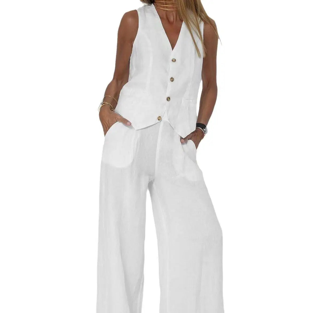 Fashionable Patchwork Cotton Linen Vest Wide Leg Pants Two Piece Set 2025 Spring Commute Style  Color Women's Suit