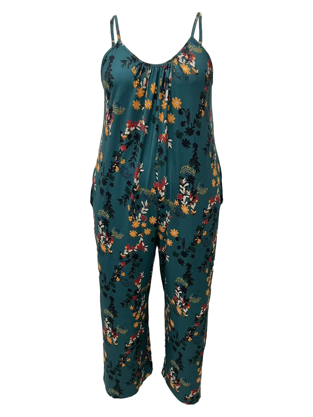 Plus-size floral print vacation style jumpsuit with pockets