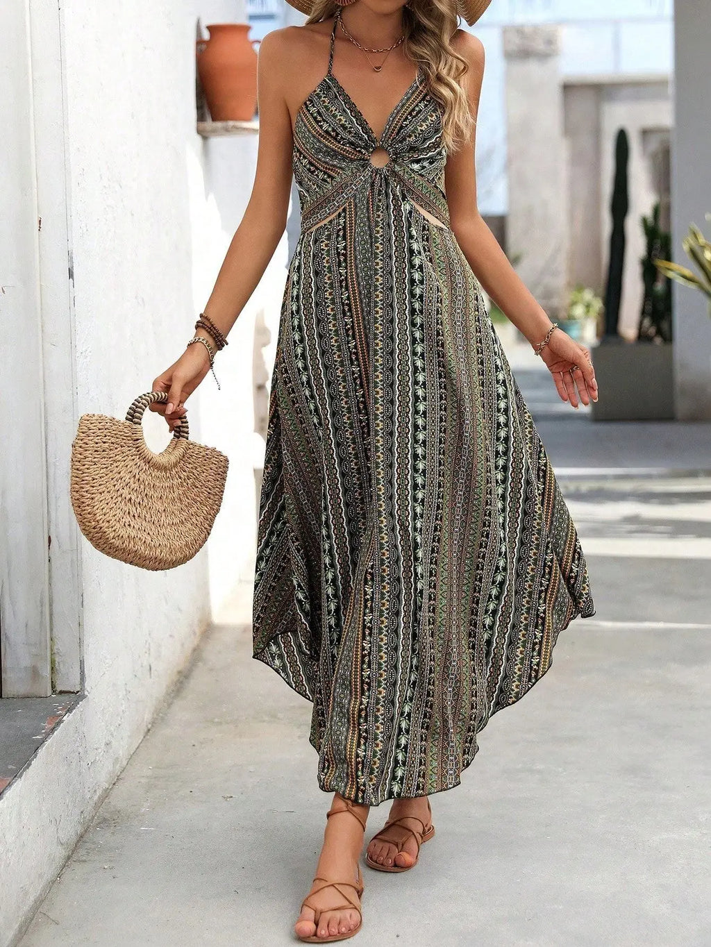 Women's Floral Print Tie Shoulder Dress, Boho Sleeveless Side Split Long Dress for Beach Holiday Vacation,