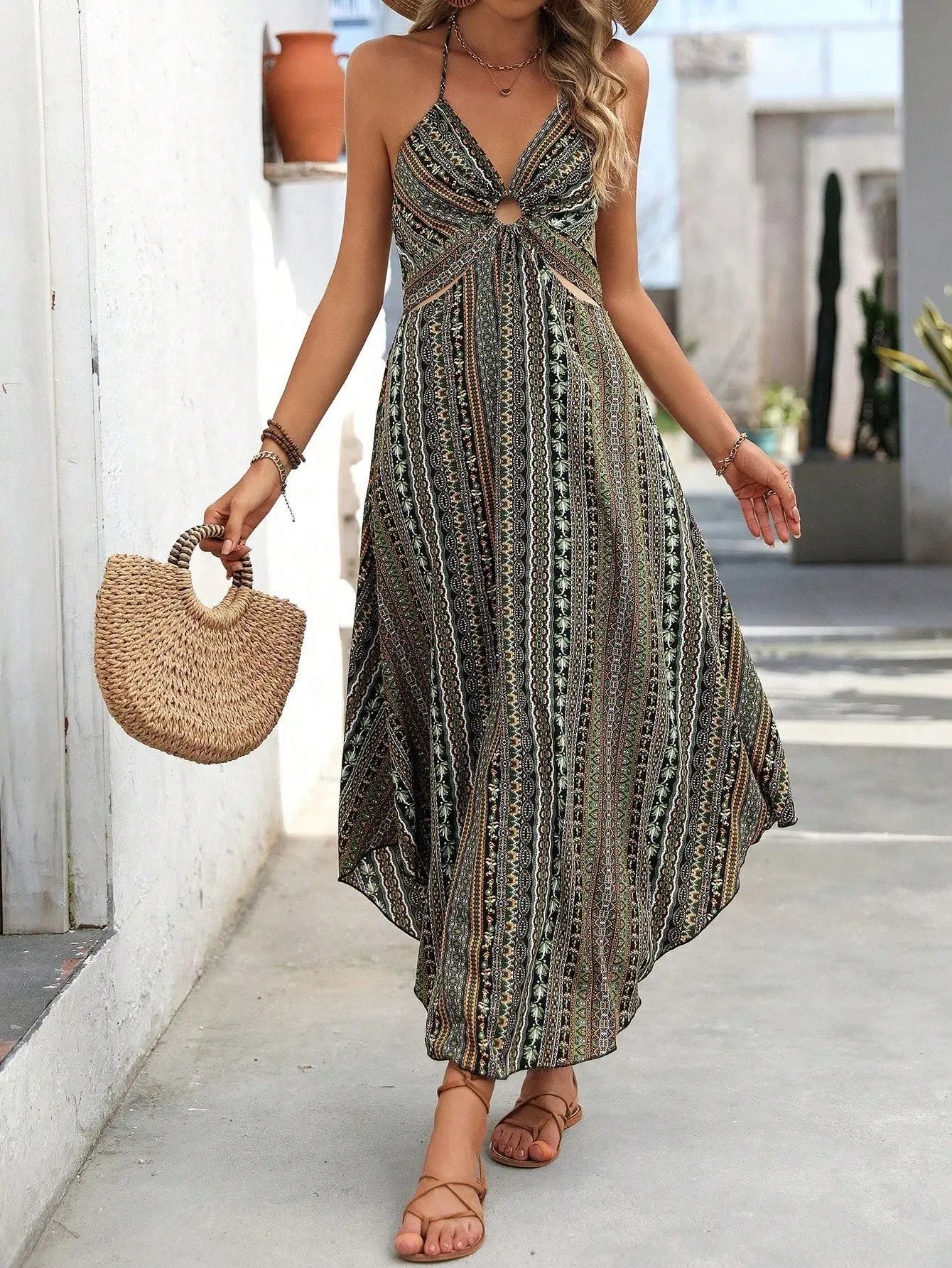 Women's Floral Print Tie Shoulder Dress, Boho Sleeveless Side Split Long Dress for Beach Holiday Vacation,