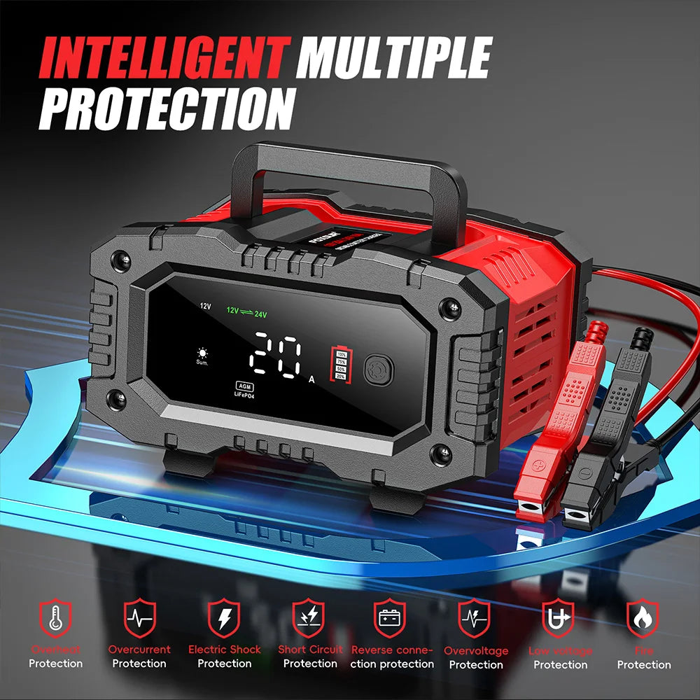 12V 24V FOXSUR FPT200 FPT100 Car Battery Charger for Moto for Truck Battery Repair for Lead-Acid AGM LiFePo4 EFB GEL WET