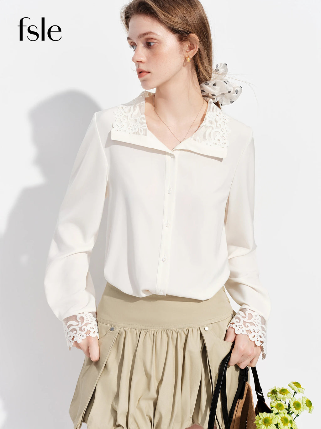 FSLE Satin Blouse for Women Suitable Commuting Straight Shoulders New Spring 2026 Style Lace Detailing Formal Occasions