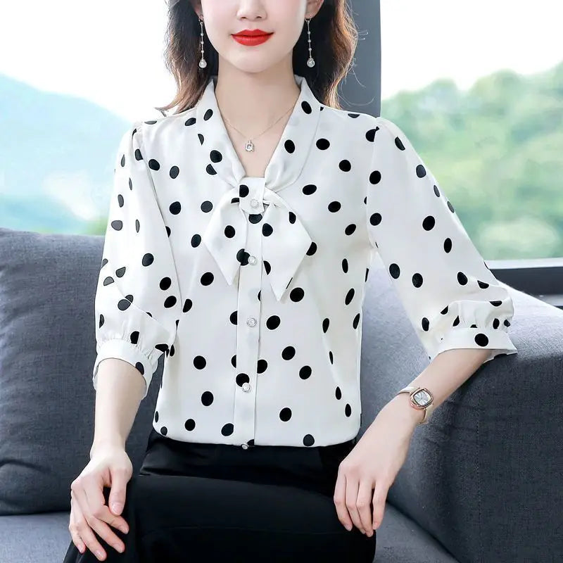 V-neck and Three-quarter Sleeve Middle-aged and Streamer Chiffon Slim and Versatile Age-reducing Fashion Thin Shirt