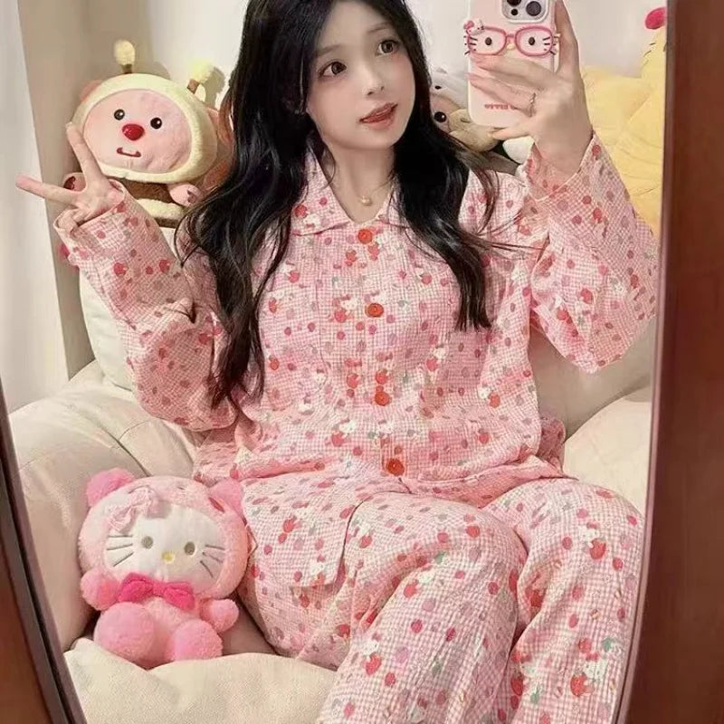 Sanrio Hello Kitty Girl Pajamas Sets Kawaii Women Cartoon Spring Autumn New Long Sleeves Trousers 2Pcs Leisure Home Clothing Hot