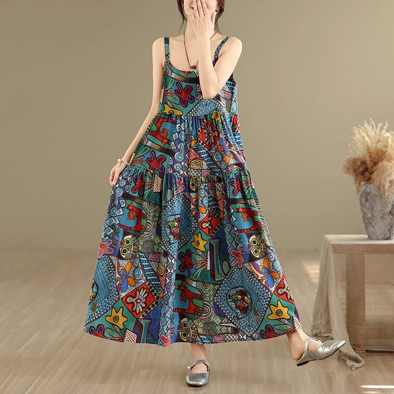 Soft Skin-Friendly Thin Cotton Linen Print V-Neck Waist-Cinched Strap Dress Large Size Summer Long Skirt Women's Dress