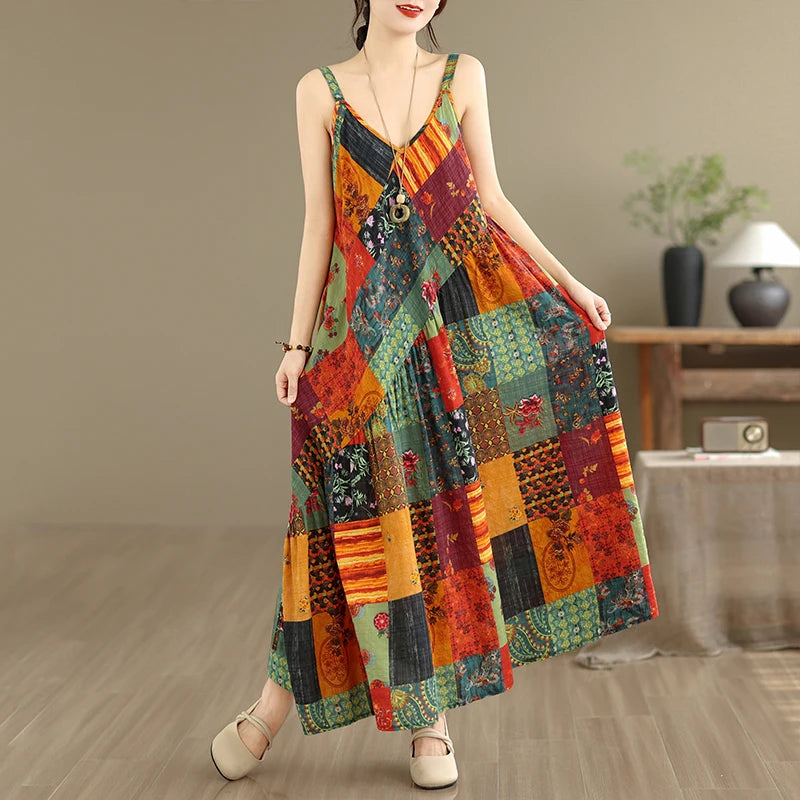 Soft Skin-Friendly Thin Cotton Linen Print V-Neck Waist-Cinched Strap Dress Large Size Summer Long Skirt Women's Dress