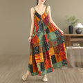Soft Skin-Friendly Thin Cotton Linen Print V-Neck Waist-Cinched Strap Dress Large Size Summer Long Skirt Women's Dress