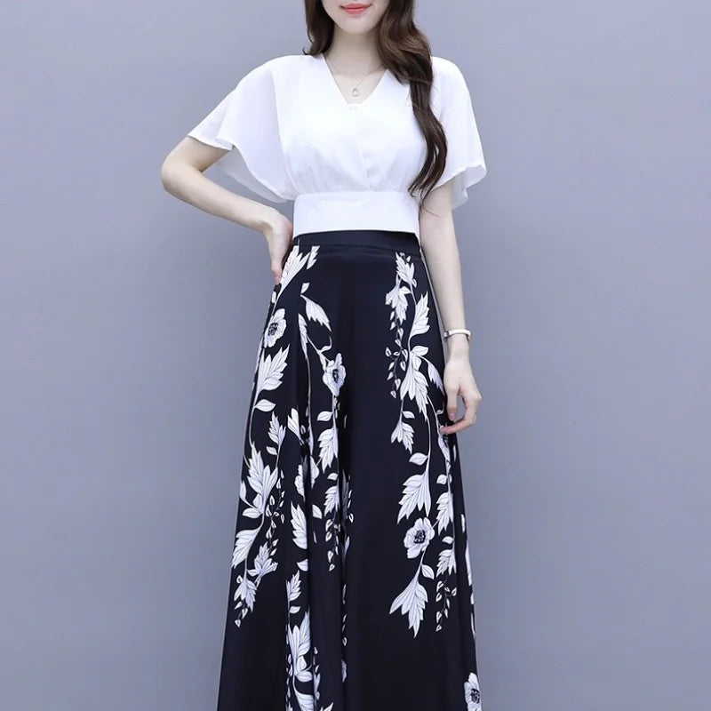 2024 Summer Commuting Fashion Loose Versatile Chiffon Solid Short Sleeved High Waist Wide Leg Printed Panel Women's Flare Pants
