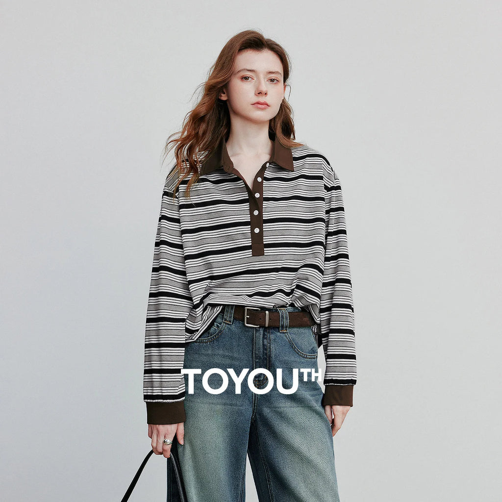 TOYOUTH Women Long Sleeve T-shirt 2025 Autumn New Striped Turn Down Collar Contrasting Casual Pullover Tops
