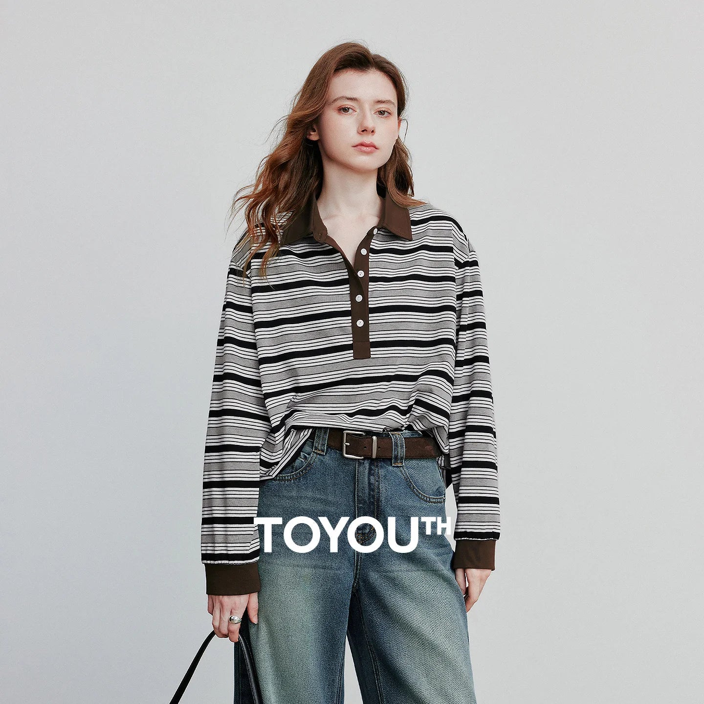 TOYOUTH Women Long Sleeve T-shirt 2025 Autumn New Striped Turn Down Collar Contrasting Casual Pullover Tops