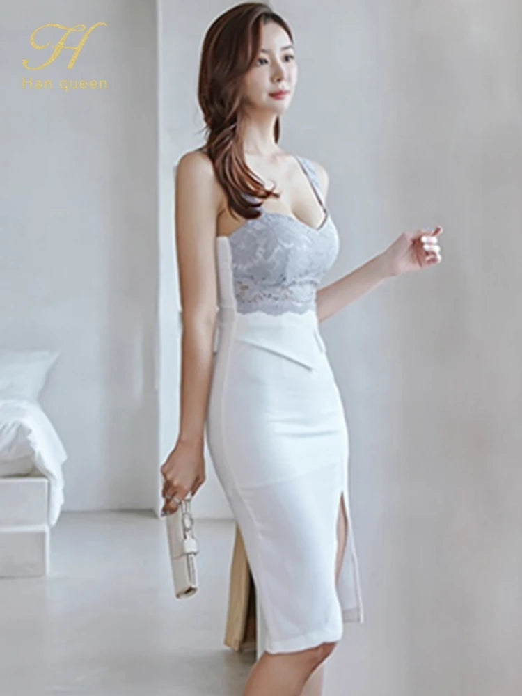 H Han Queen Korean Elegant Lace Patchwork Pencil Bodycon Dress Women's Sexy Special Occasion Dresses Slim Split Summer Vestidos