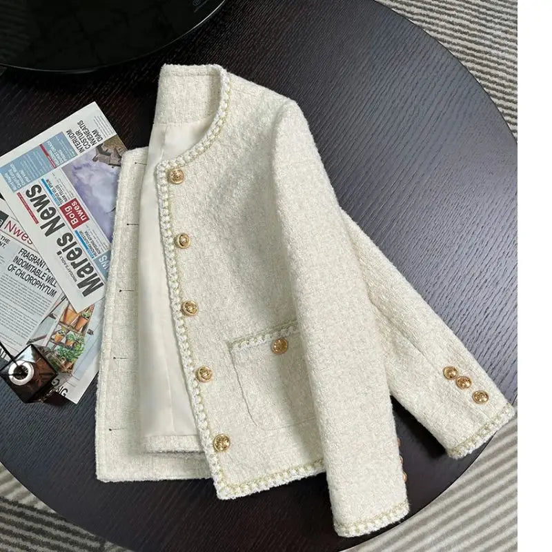 Spring Autumn Women Tweed Jacket Round Neck Woolen Temperament Korean Chic Short Coat Chic Tweed Blazer Outerwear Blazer Women