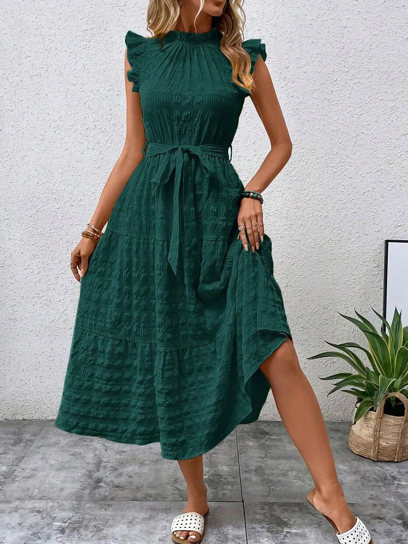 Fashion Women's Vintage Solid Ruffles Flying Sleeves Fresh And Sweet Midi Dress Summer Casual Lace Up Texture Womens Long Dress