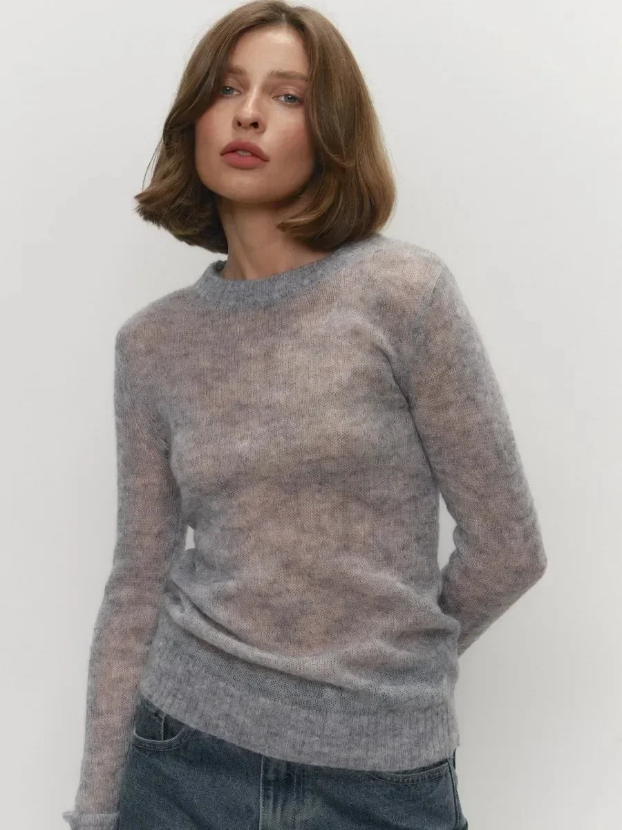 Blubelle Women's Elegant Slim Fit Sweater Summer Autumn Jumpers Casual Chic Round Neck Long Sleeved Fashion Loose Pullovers