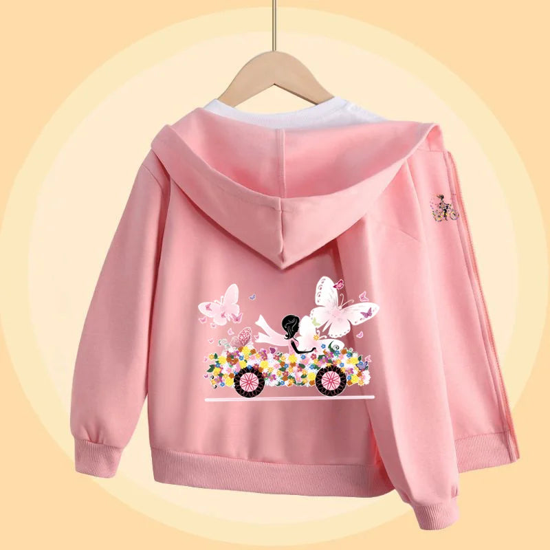 Butterfly Bike Cartoon Sweatshirt for Girls Autumn Long Sleeve Coats Girl Cotton Hoodie with Zipper 5-14T