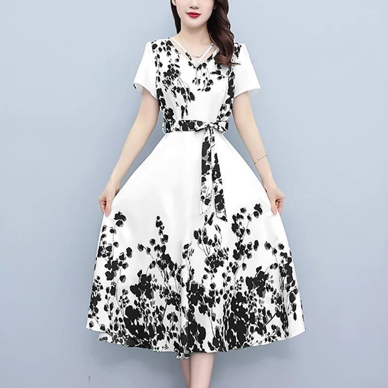 Beach Style Red Floral Chiffon Long Dress for Women Summer Elelgant Casual Holiday Dress 2024 Korean Vintage Bodycon Party Dress