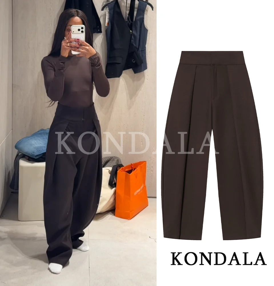 KONDALA Commute High Street Balloon Pants Women Trendy Casual Pleated Trousers 2026 Spring Summer Office Lady Vintage Long Pants