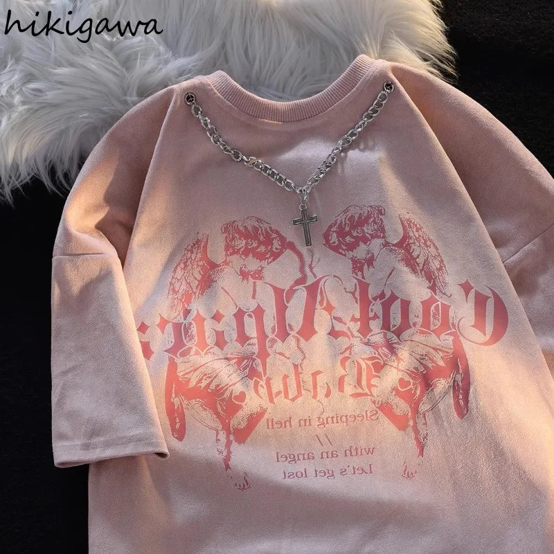 Streetwear BF Tshirts Women 2025 Ropa Mujer Y2k Tops Harajuku Chain Summer T-shirts O-neck Short Sleeve Tees Oversized T-shirt