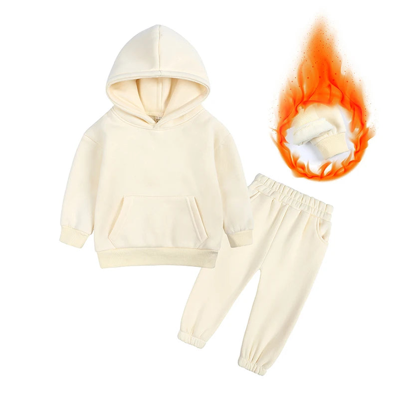2026 Winter Children Fleece Outfits Toddler Warm Thicken Cotton Soild Hoodies+Pants Tracksuit Kids Boy Girl Sweatsuits Sets