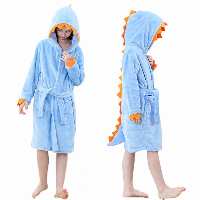 Kigurumi Dinosaur Bathrobes for Children 3 5 7 9 11 13 Years Kids Animal Flannel Homewear Boy Hooded Sleepwear Girls Nightgown