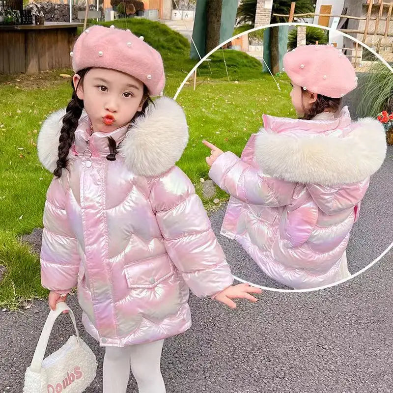 2026 Winter Coats Girls Warm Long Down Jackets Kids Fashion Unicorn Shiny Waterproof Parka Children Fur Collar Hooded Outerwear