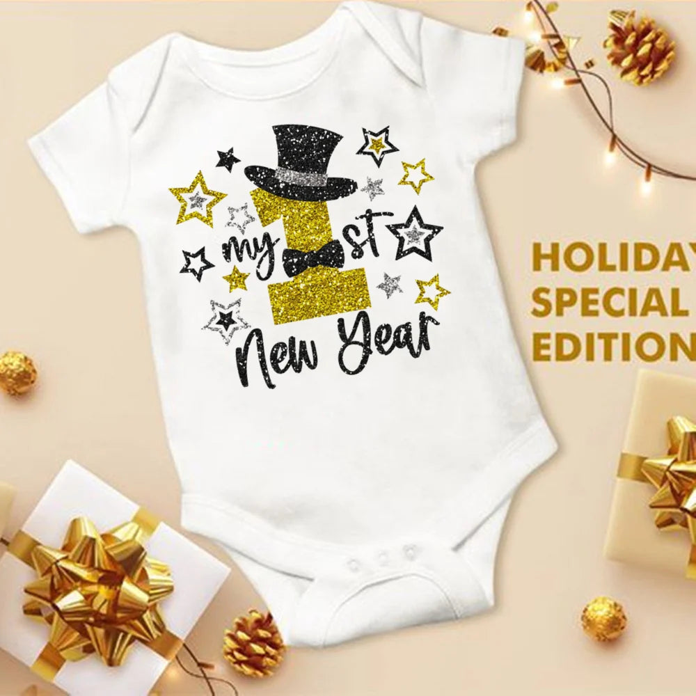 My First New Year Printed Baby Romper New Year Infant Romper Short Sleeve Jumpsuit Toddler Holiday Clothes Newborn Shower Gifts