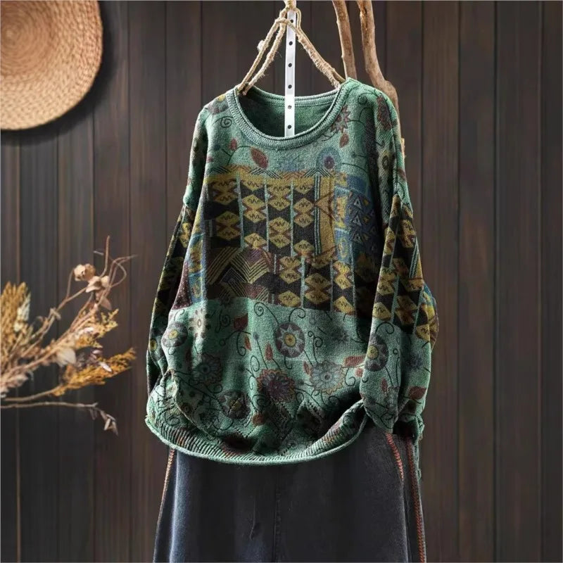 Johnature Vintage Loose Personality O-Neck Sweater 2025 Woman Winter New Long Sleeves Chinese Style Vintage Style Sweater