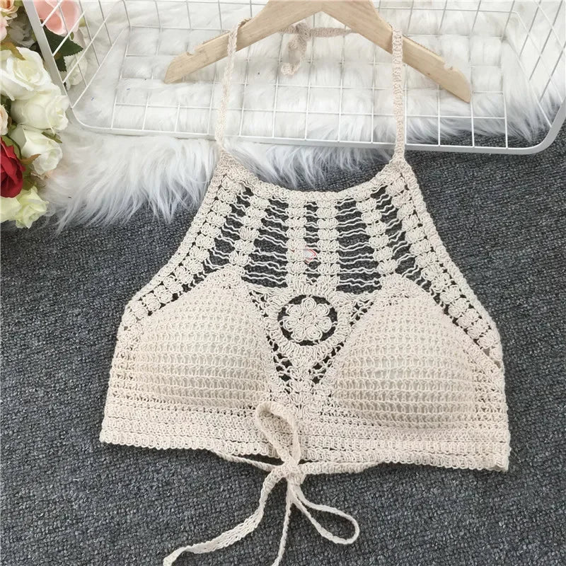 Crop Tops Retro Wild Hollow Perspective Tassel Sexy Spaghetti Strap Tanke Top Women Built In Bra 2021 New Back Lace Halter Neck