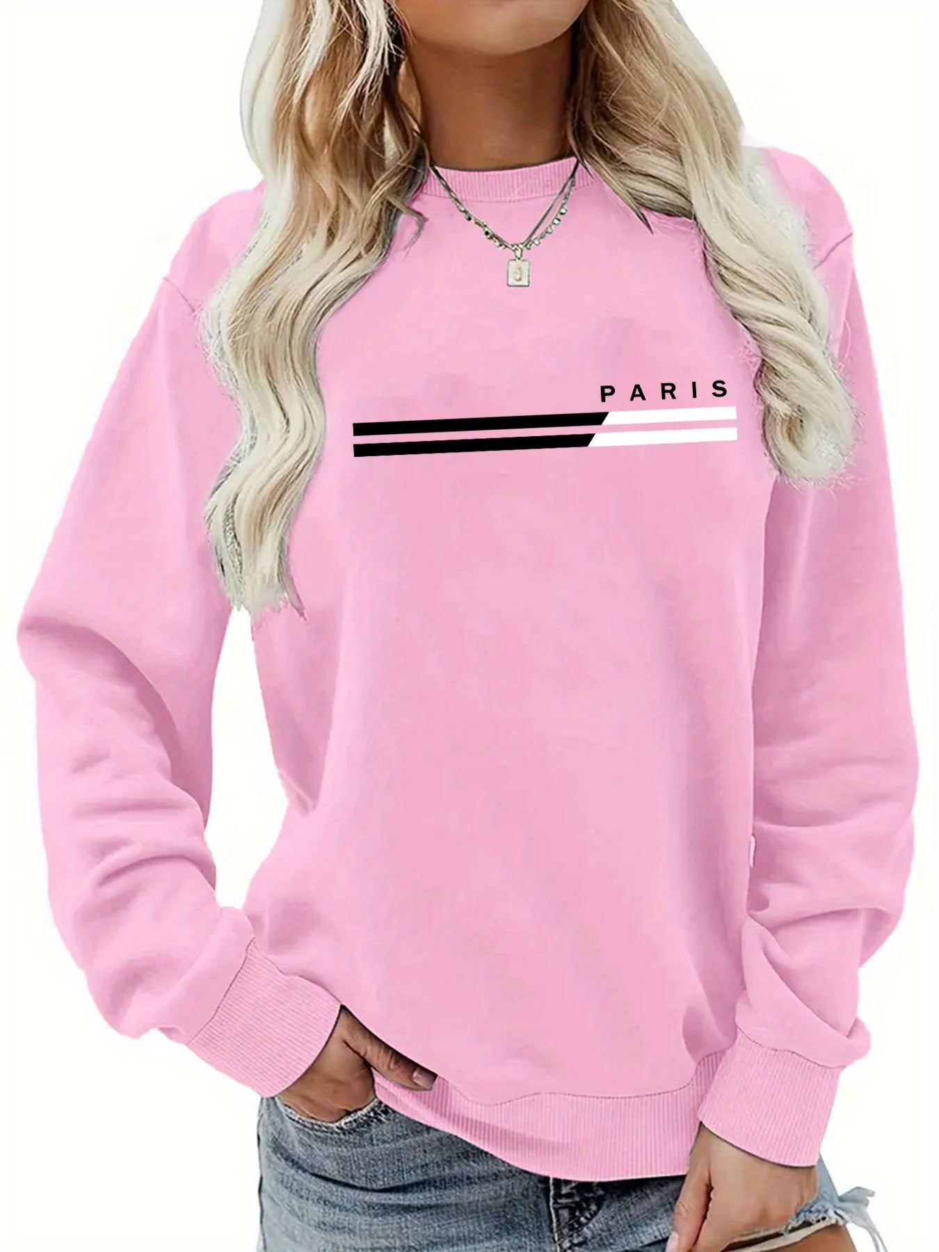Women's autumn and winter casual, fashionable, loose, comfortable, warm, Paris pattern printed round neck long sleeved pullover