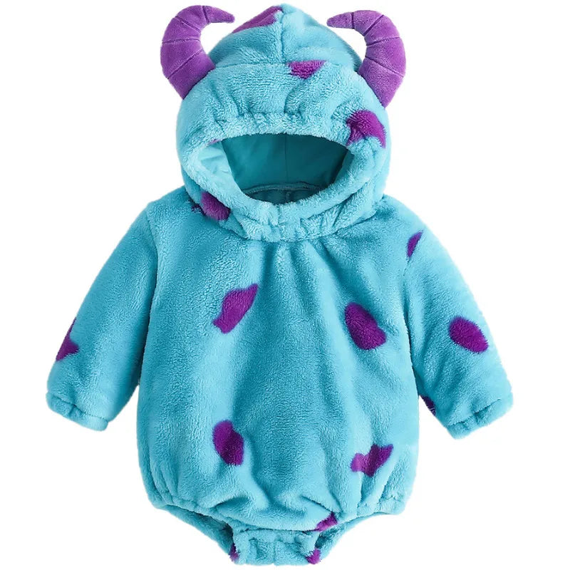 1 to 24 Months Baby Boys Girls Cartoon Bodysuit Animal Costume Flannel Role Play Hooded Long Sleeve Pajamas Jumpsuits