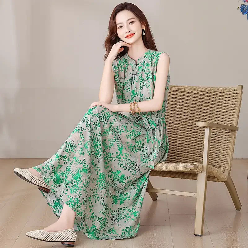 Summer Women's Ink Wash Floral Print Maxi Dress Sleeveless Stand Collar Tie Waist Casual Long Dress