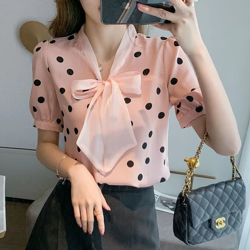 Summer 2026 plus Size Women's Shirt Butterfly Knot Loose Short Sleeve Chiffon Top Slimming for Heavy Sister 200 Pounds