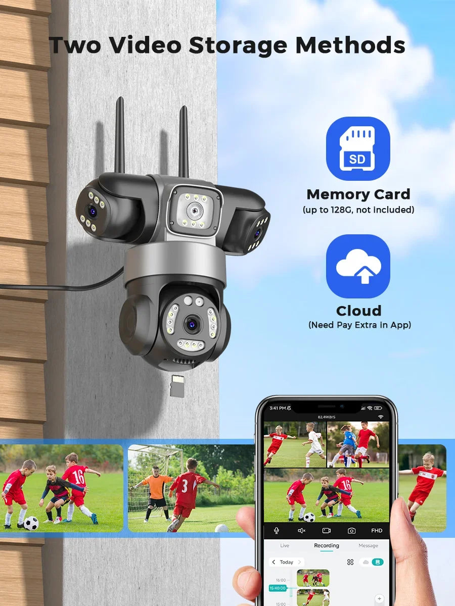 12MP 6K Three Lens Three Screens Wifi Camera Bright White Light Night Vision Outdoor ICsee Surveillance Camera Human Detection