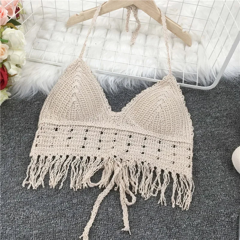Crop Tops Retro Wild Hollow Perspective Tassel Sexy Spaghetti Strap Tanke Top Women Built In Bra 2021 New Back Lace Halter Neck