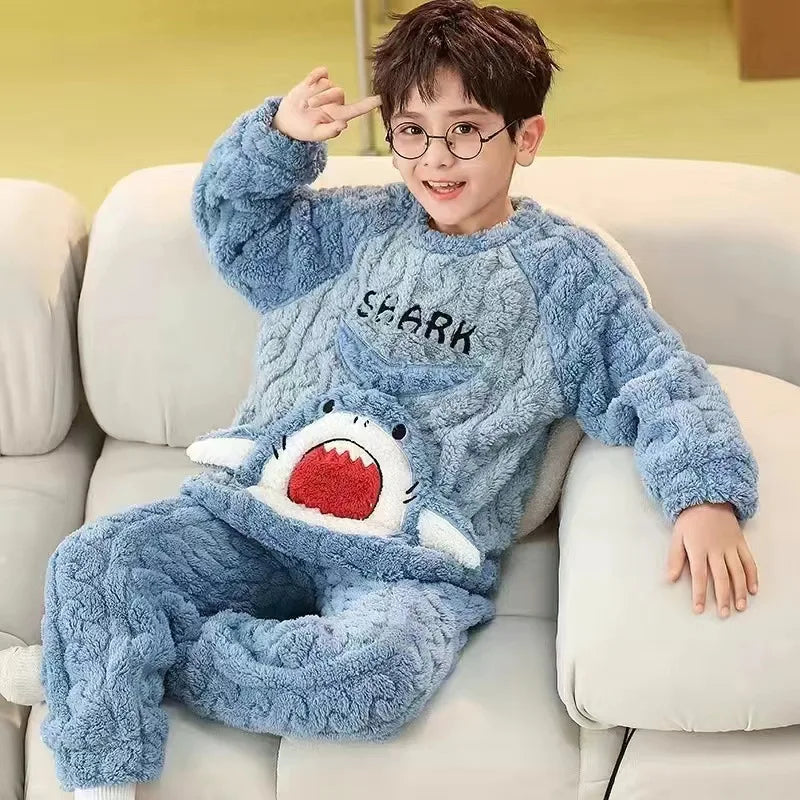 Flannel Pajamas For Boy Flannel Warm Pyjamas Kids Thicken Cartoon Teens Sleepwear Cute Big Boys Girls Night Clothes 10 12 14 16Y